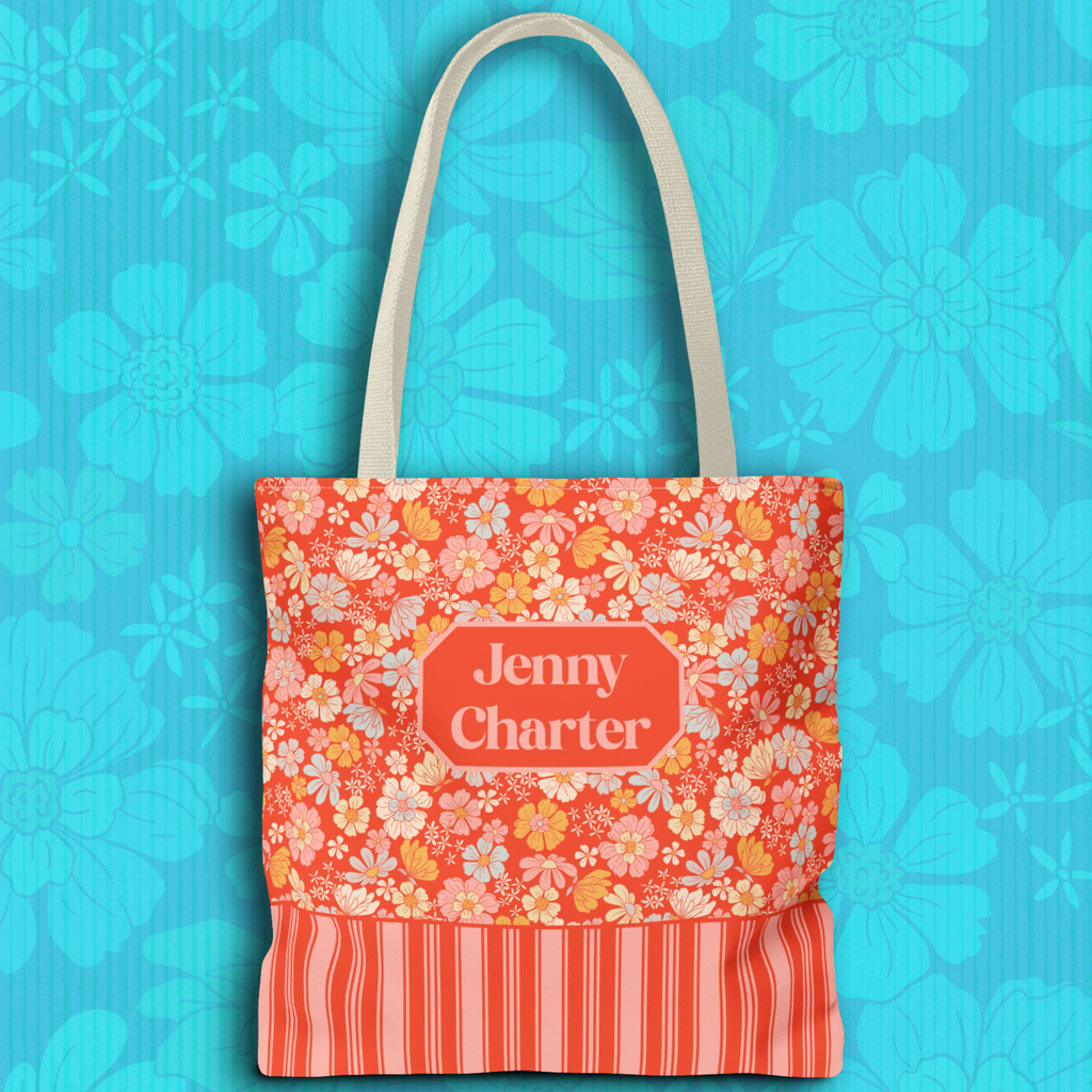 Personalizable Floral Striped Tote Bag - Orange Retro Blossom Tote