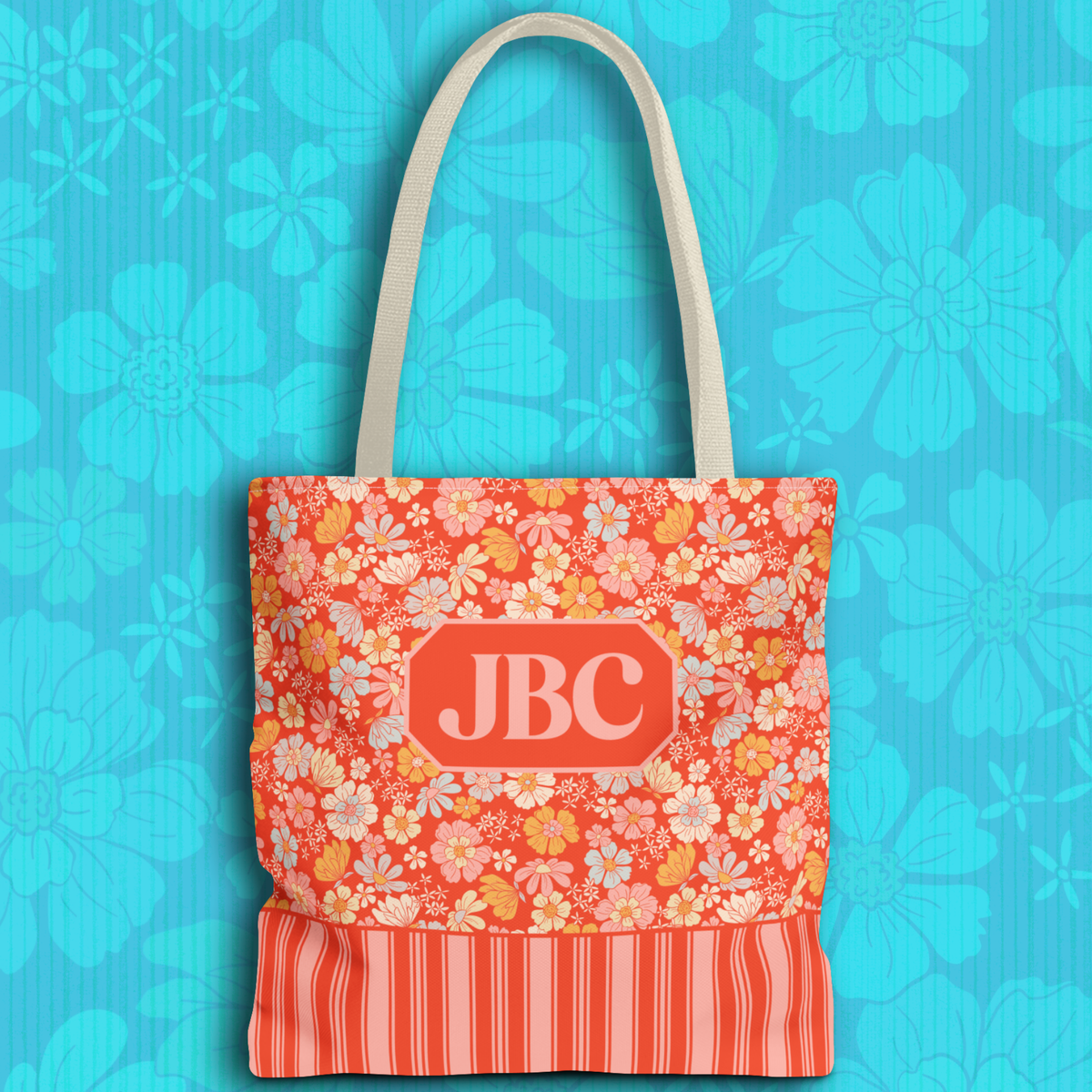 Personalizable Floral Striped Tote Bag - Orange Retro Blossom Tote