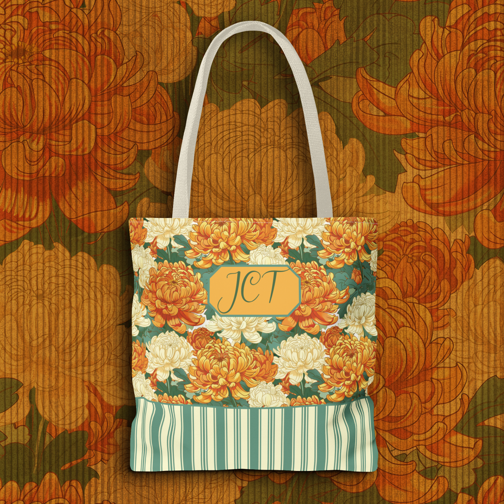 Personalizable Vintage Floral Stripe Tote Bag – Cream and Orange Chrysanthemums Tote