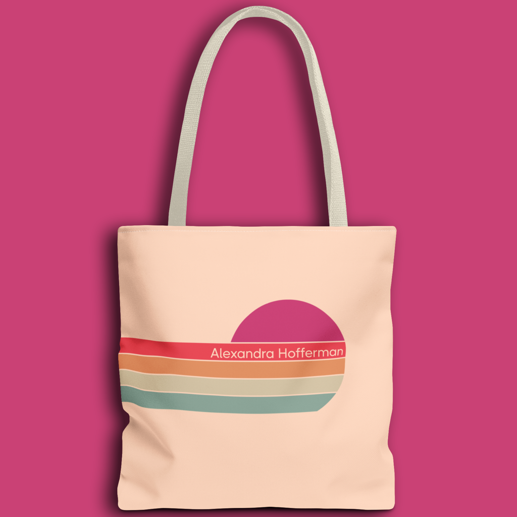 Personalizable Retro Sunset Tote Bag — Pastel Stripes Beach Vibe Carryall