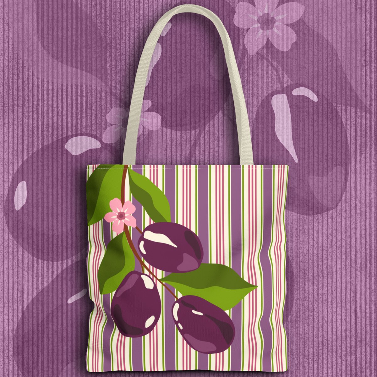 Plum Orchard Striped Tote Bag - Floral Plum Bouquet All-Over Print Tote