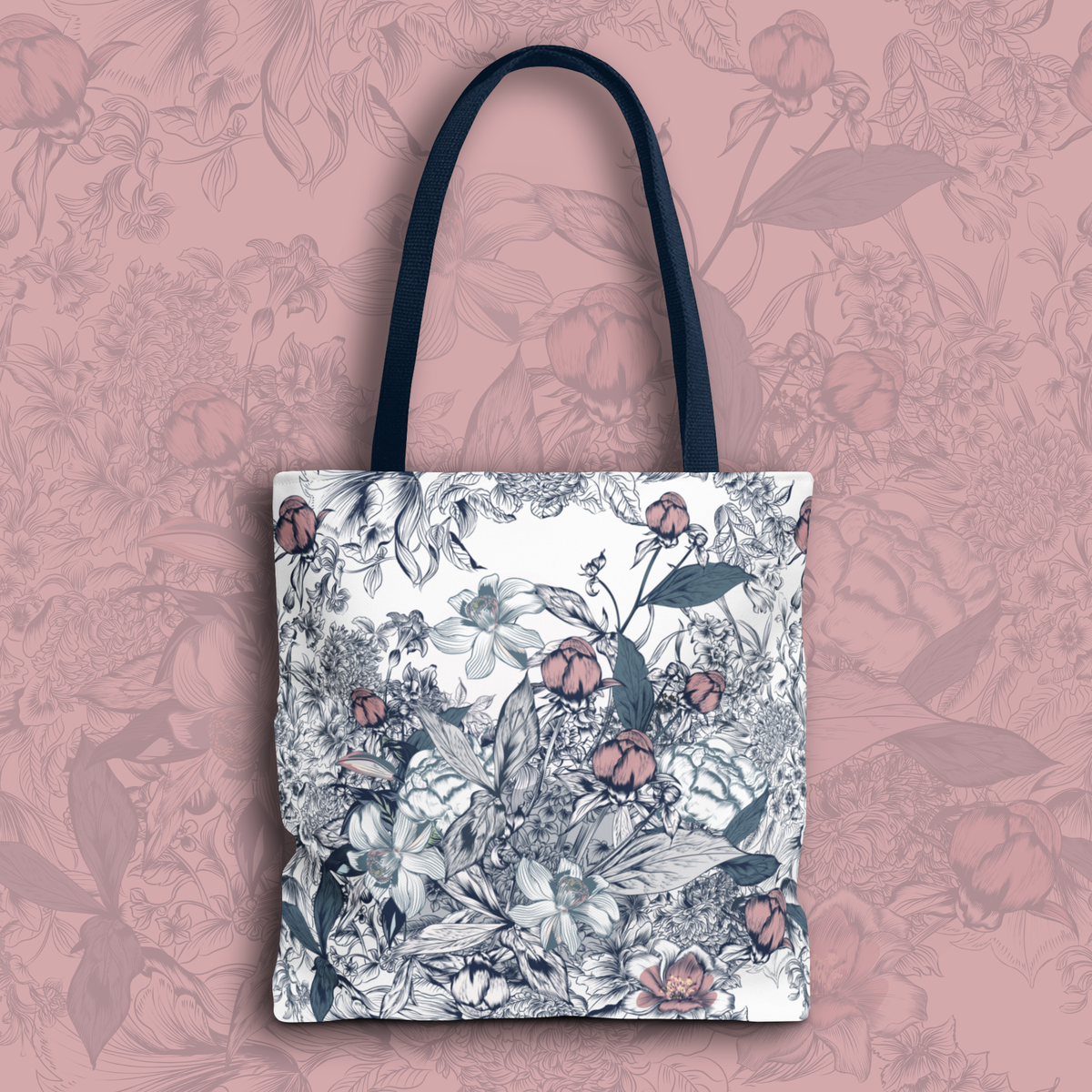 Navy and Pink Floral Sketch Tote Bag - Botanical Market Carryall