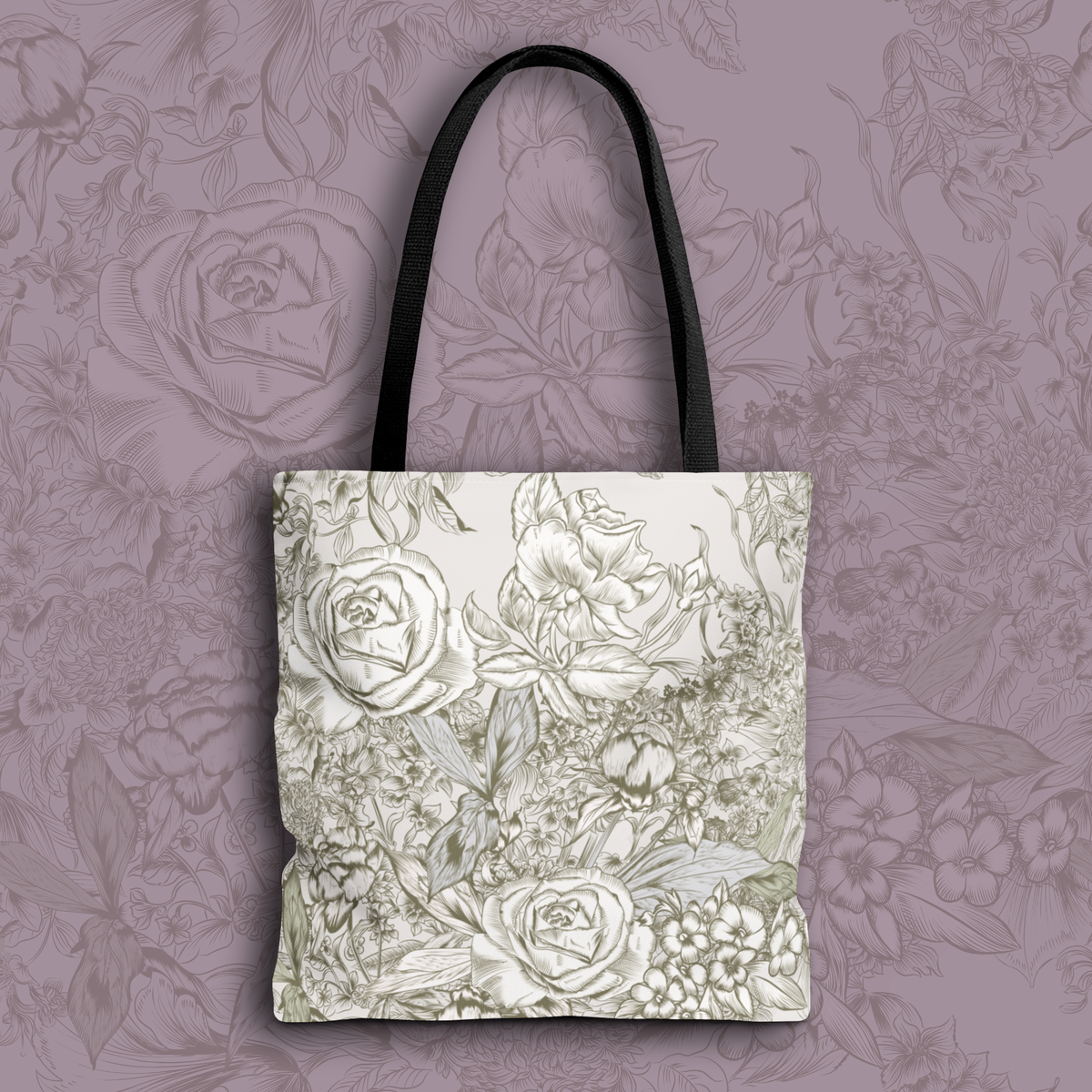 Rose Sketch Tote Bag — Grey Floral Carryall