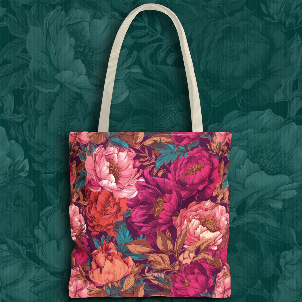 Bright Magenta and Teal Peony Tote Bag – Vintage Punk Floral Carryall