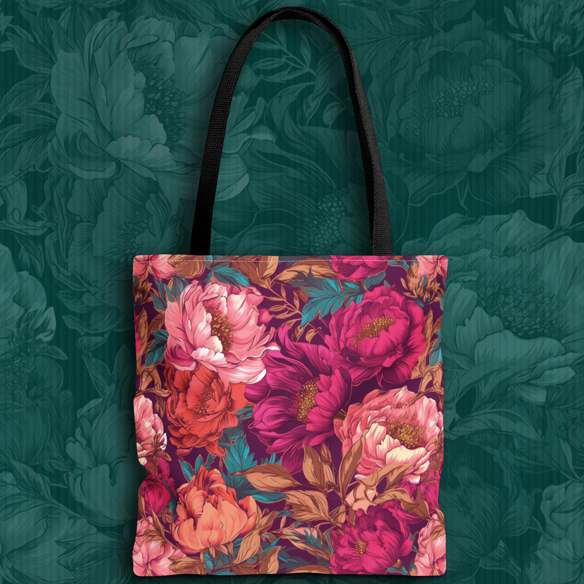 Bright Magenta and Teal Peony Tote Bag – Vintage Punk Floral Carryall
