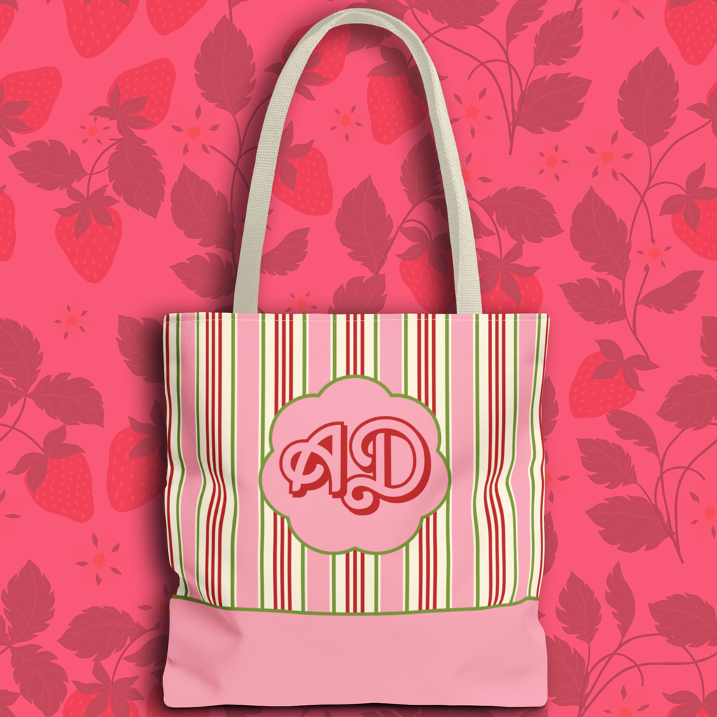 Customizable Striped Pink Tote Bag – Vintage Strawberry Stripe Monogram Tote Bag