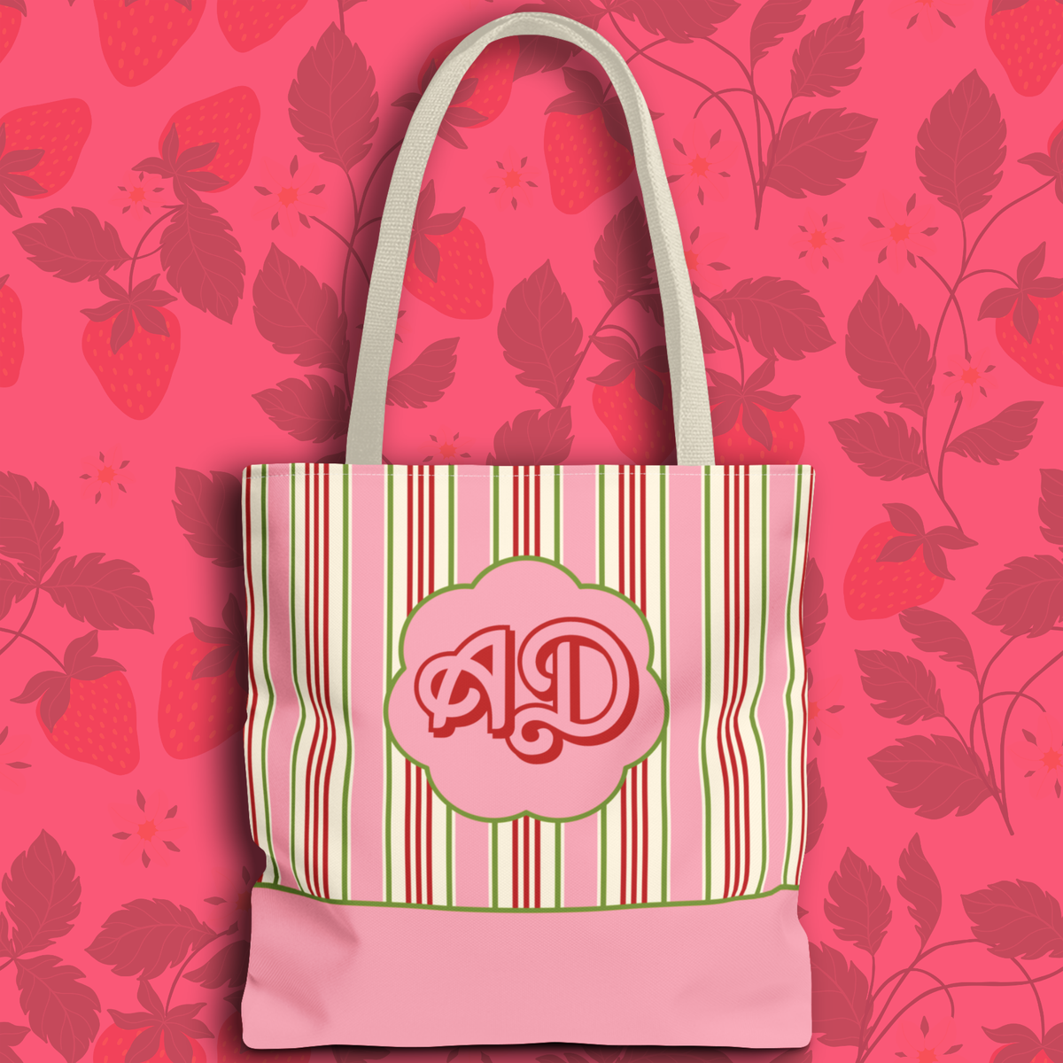 Customizable Striped Pink Tote Bag – Vintage Strawberry Stripe Monogram Tote Bag