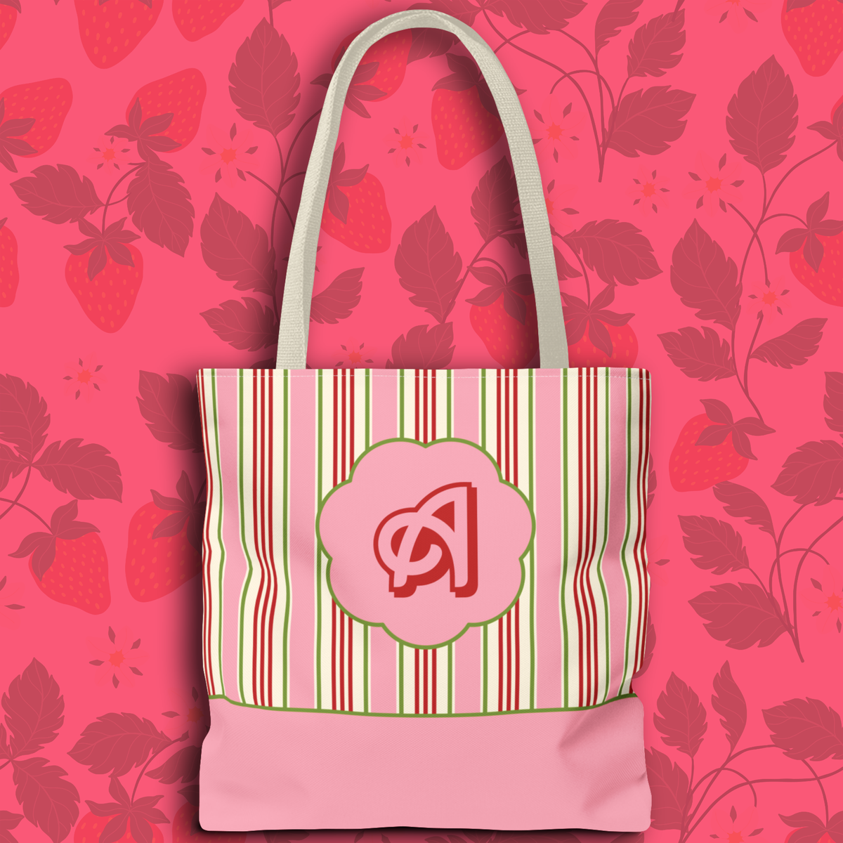 Customizable Striped Pink Tote Bag – Vintage Strawberry Stripe Monogram Tote Bag