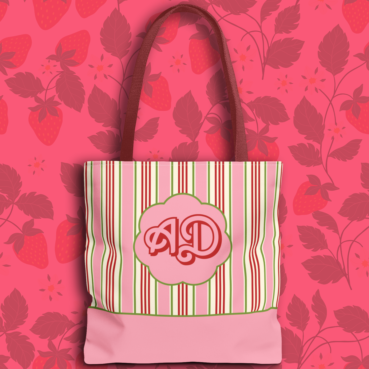 Customizable Striped Pink Tote Bag – Vintage Strawberry Stripe Monogram Tote Bag