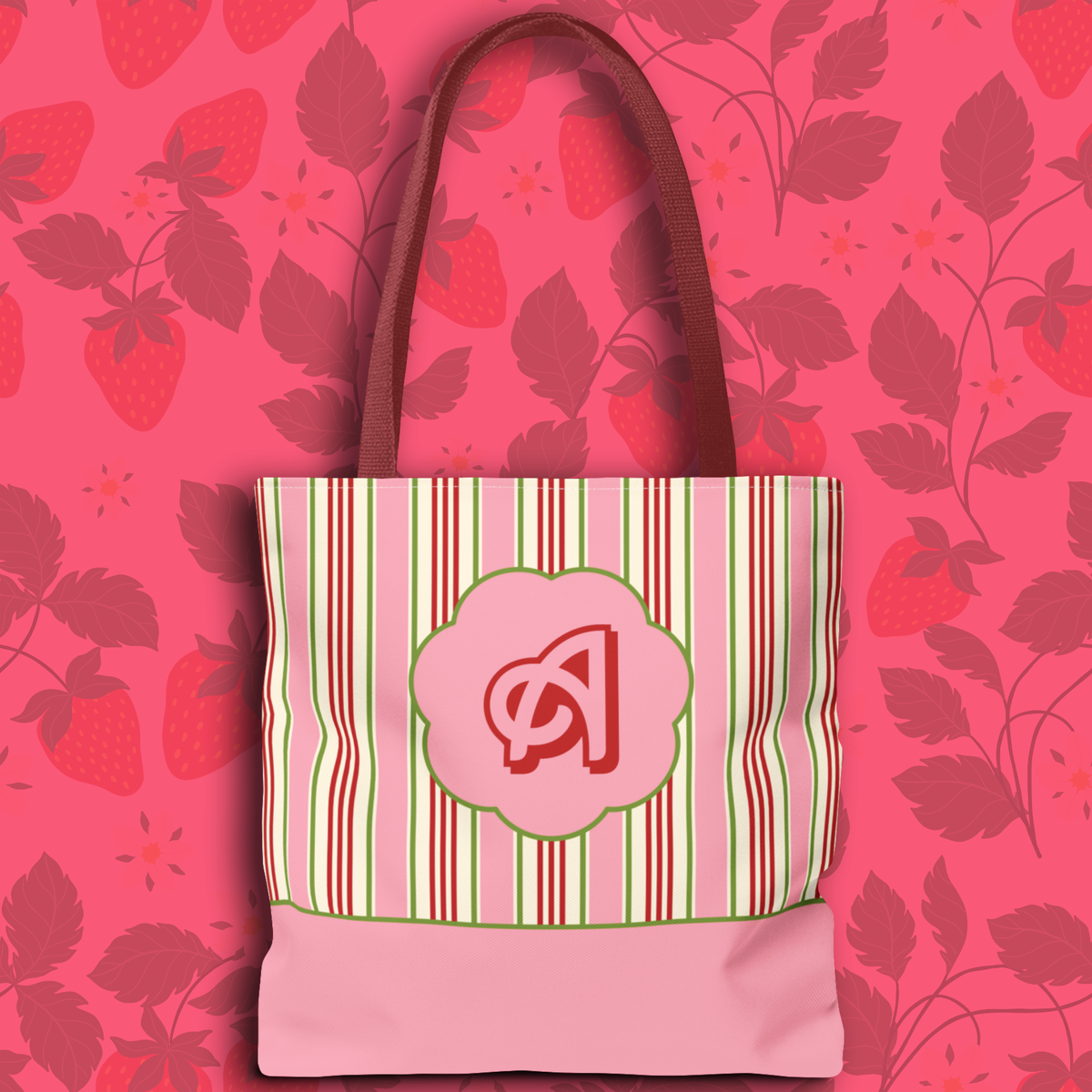 Customizable Striped Pink Tote Bag – Vintage Strawberry Stripe Monogram Tote Bag