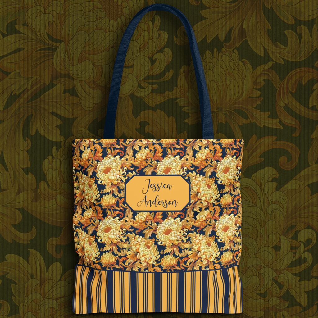 Personalizable Floral Harvest Tote Bag — Vintage Chrysanthemum Striped Tote