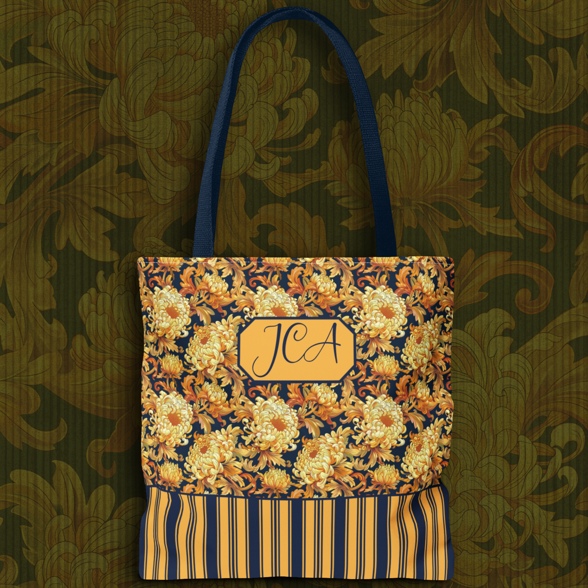 Personalizable Floral Harvest Tote Bag — Vintage Chrysanthemum Striped Tote
