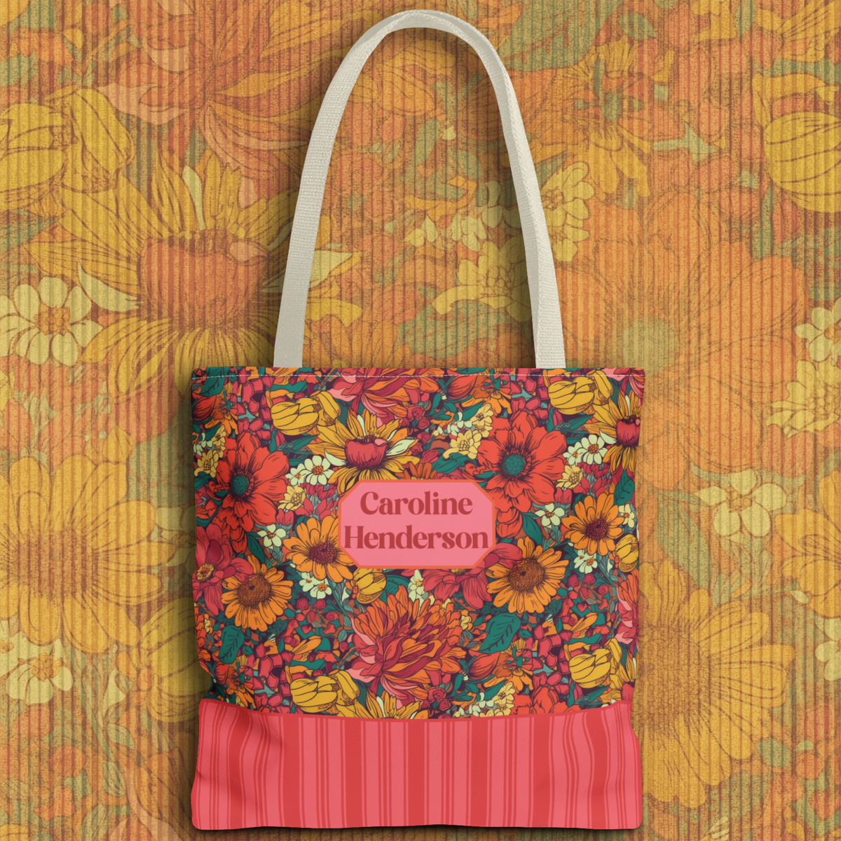 Personalizable Floral Tote - Floral Striped Harvest Tote Bag