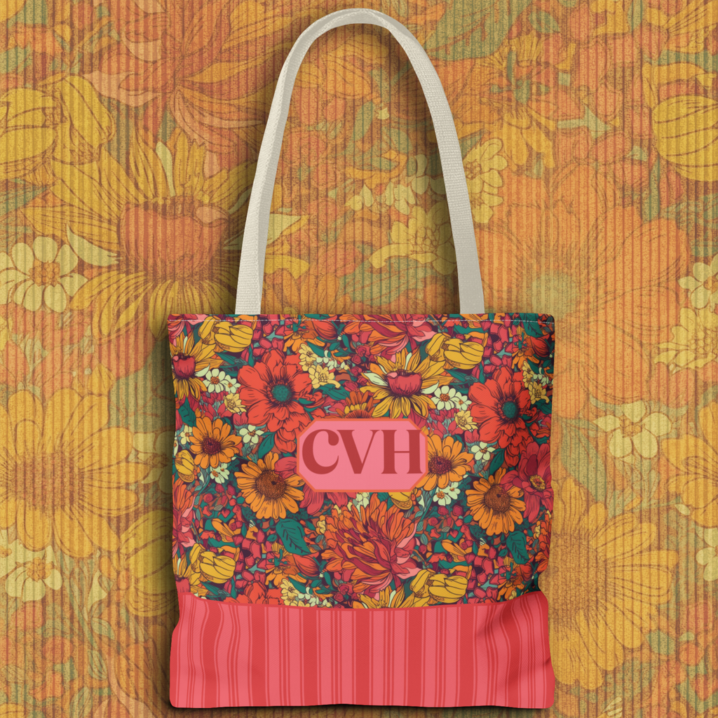 Personalizable Floral Tote - Floral Striped Harvest Tote Bag