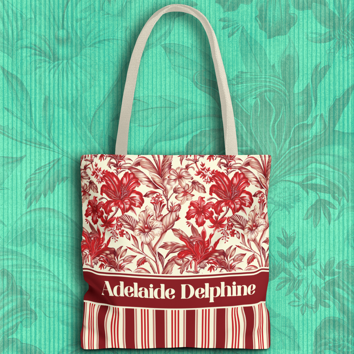 Personalizable Red Lily Tote Bag – Vintage Botanical Floral Striped Carryall