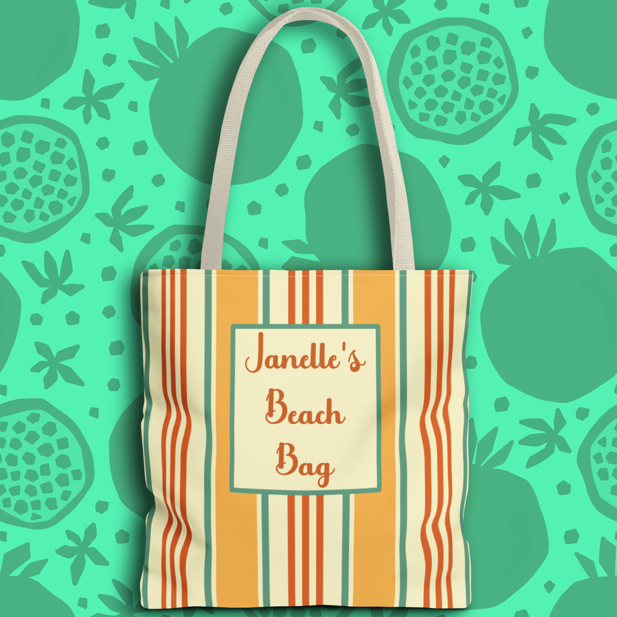 Personalizable Striped Retro Tote Bag - Vintage Yellow, Orange and Teal Beach and Market Bag