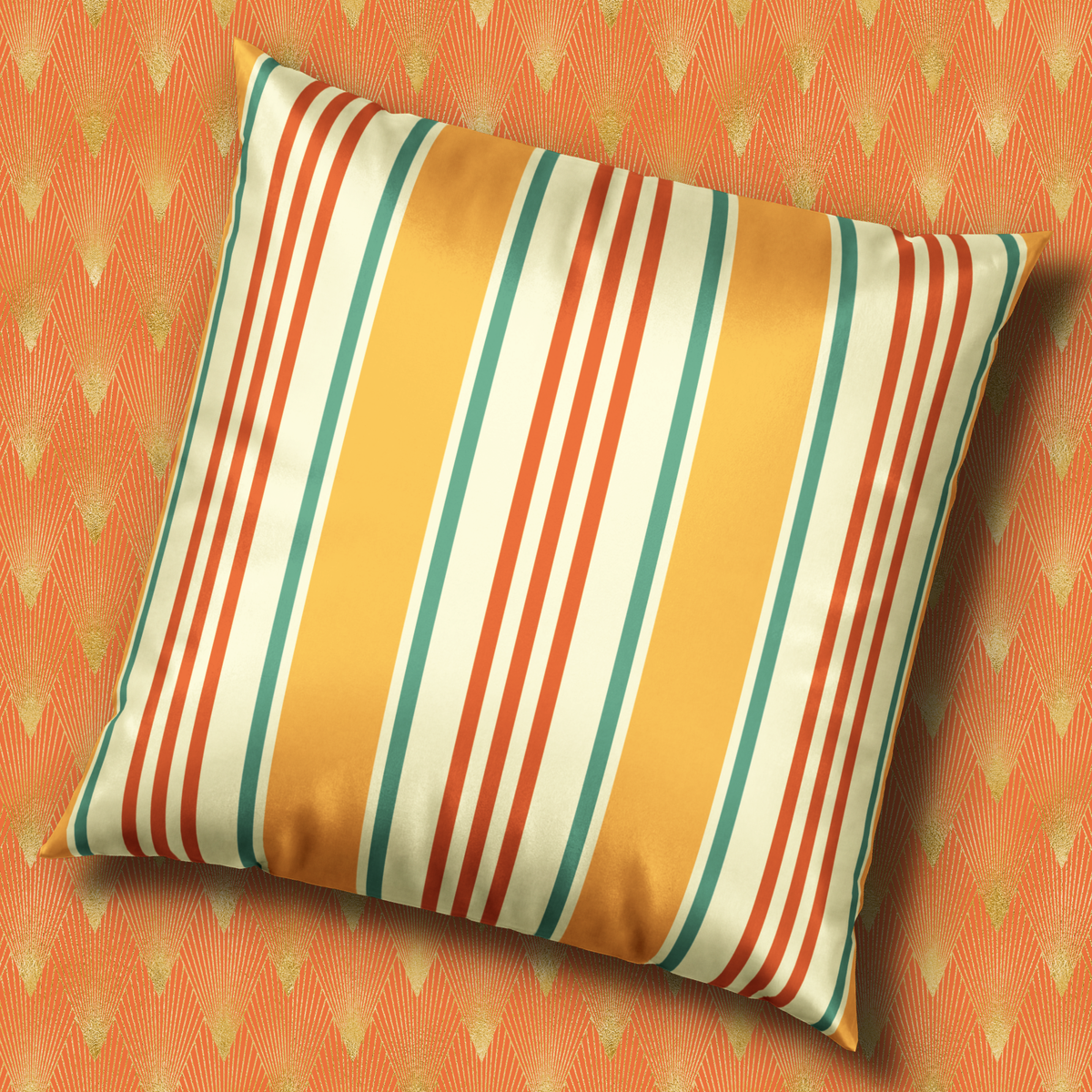 Retro Velvet Pillow - Orange and Mint Ticking Stripe Throw Pillow