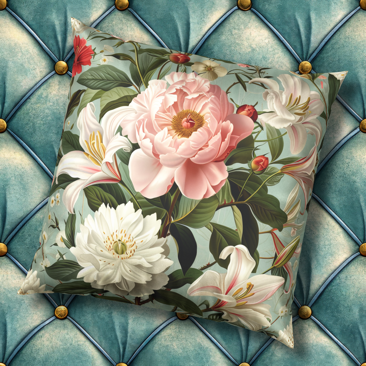 Decorative Velvet Pillow - Elegant Vintage Floral on Green Throw Pillow