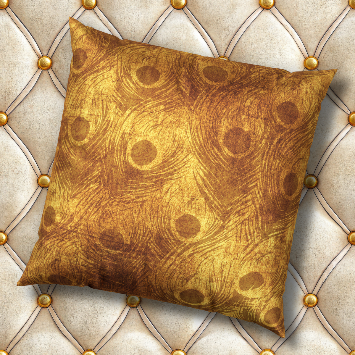 Peacock Accent Pillow - Decorative Gold Feather Velvet Pillow