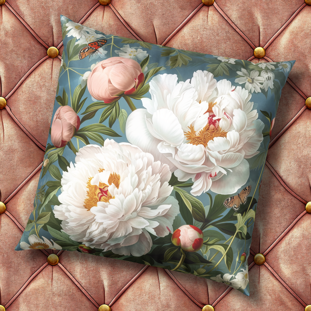 Velvet Throw Pillow - Elegant Peonies and Butterflies Decorative Pillow