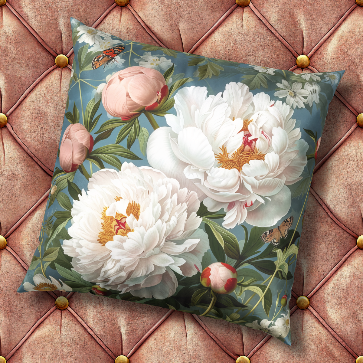 Velvet Throw Pillow - Elegant Peonies and Butterflies Decorative Pillow