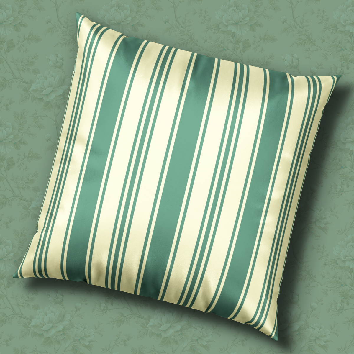 Striped Velvet Pillow - Elegant Mint and Cream Ticking Stripe Throw Pillow