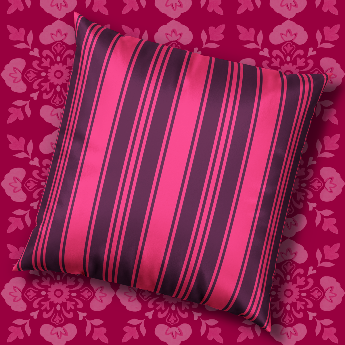 Decorative Velvet Pillow - Magenta and Violet Ticking Stripe Throw Pillow