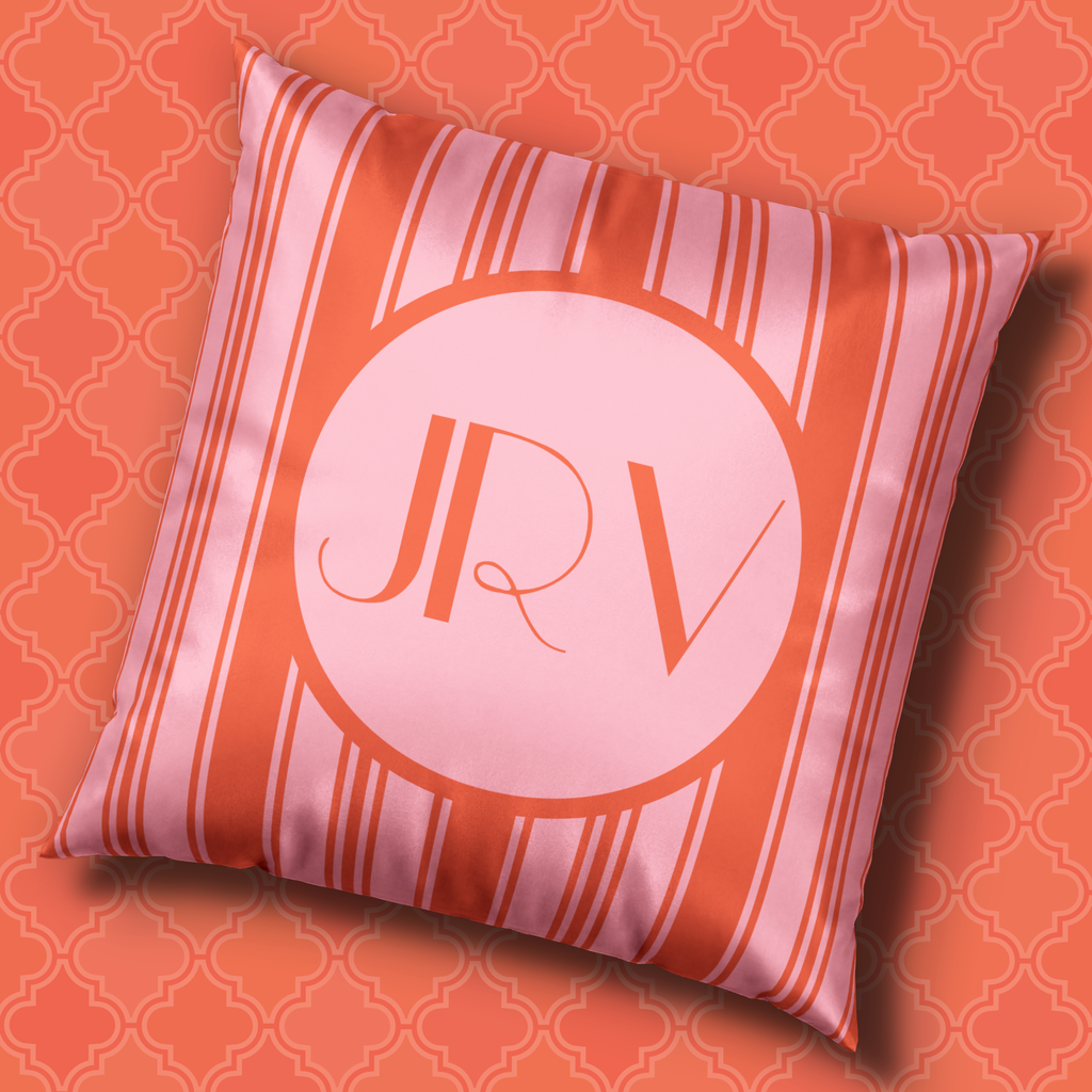 Personalizable Velvet Pillow - Pink and Orange Ticking Stripe Monogram Decorative Pillow