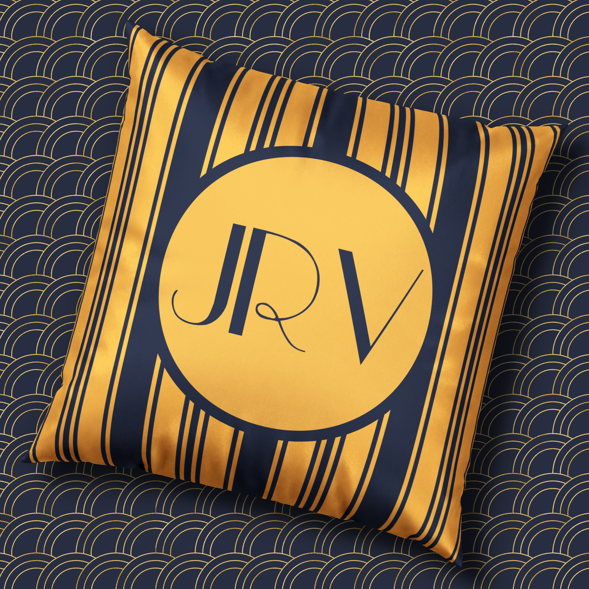 Personalizable Velvet Pillow - Blue and Gold Ticking Stripe Monogram Throw Pillow