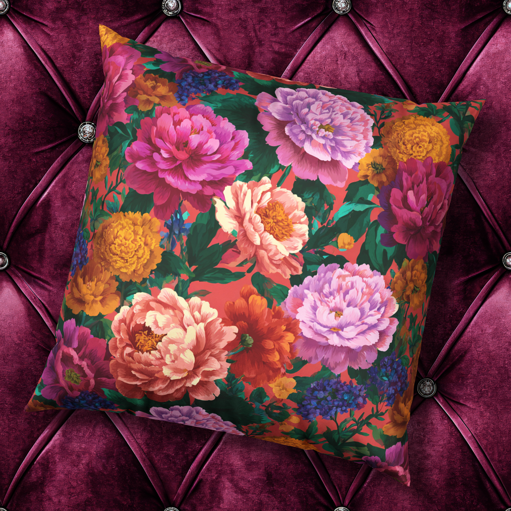 Floral Velvet Pillow - Vibrant Peony Garden Throw Pillow