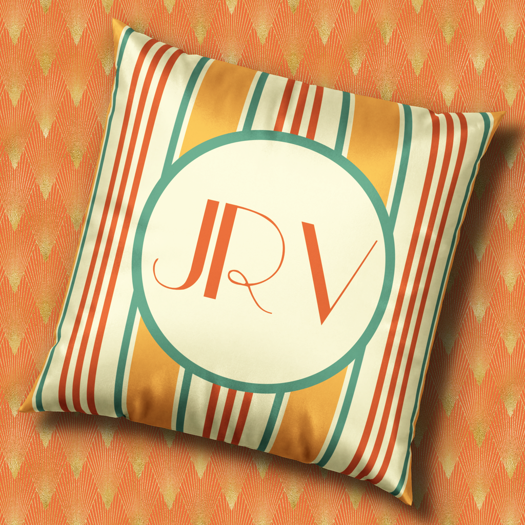 Monogram Velvet Pillow - Customizable Orange and Mint Ticking Stripe Throw Pillow