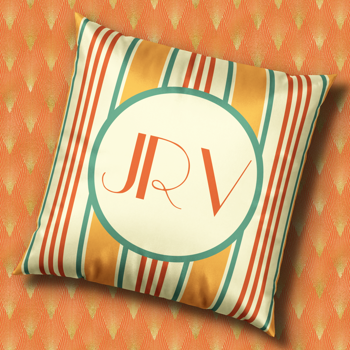 Monogram Velvet Pillow - Customizable Orange and Mint Ticking Stripe Throw Pillow