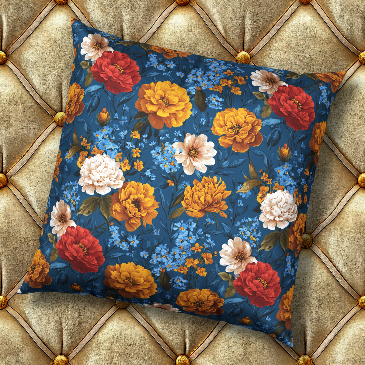 Velvet Floral Pillow - Vivid Blue Vintage Garden Decorative Pillow