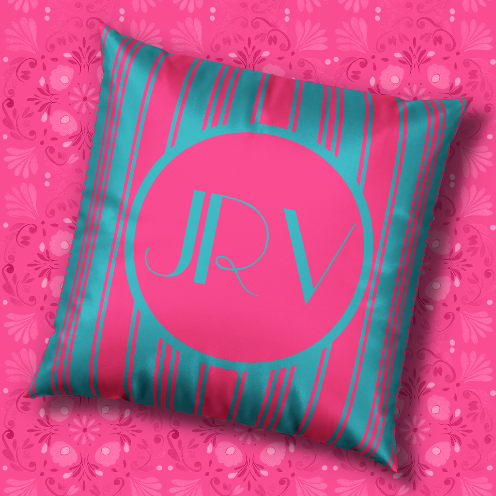 Monogram Velvet Throw Pillow - Bright Pink and Blue Ticking Stripe Decorative Pillow