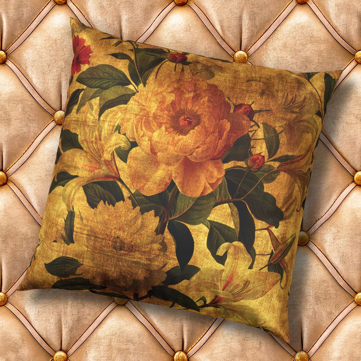 Gold Velvet Decorative Pillow - Elegant Vintage Floral Decorative Pillow