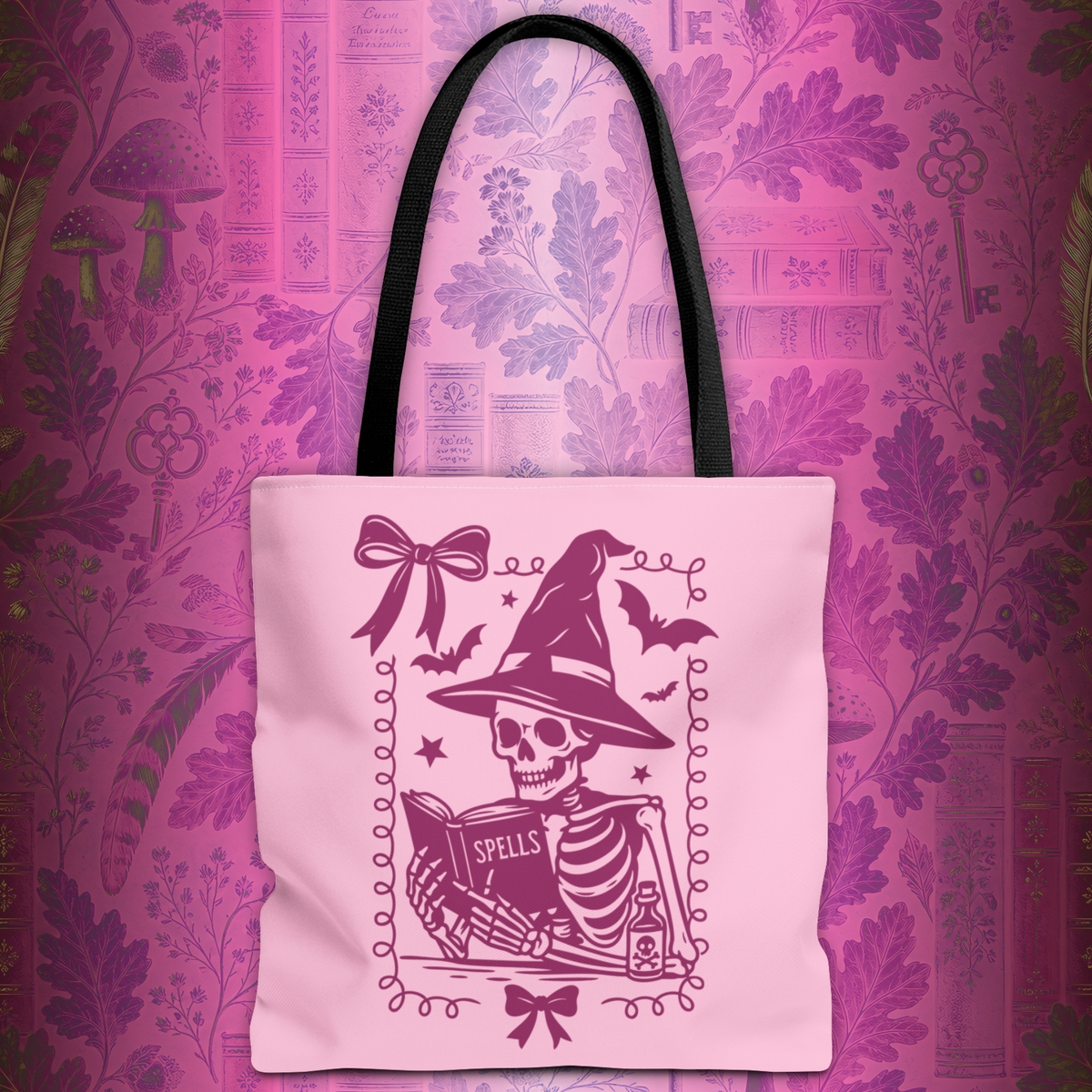 Pink Reading Witch Skeleton Tote Bag — Cute Coquette Frame Halloween Tote