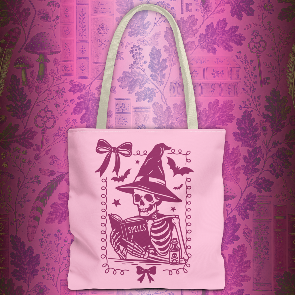 Pink Reading Witch Skeleton Tote Bag — Cute Coquette Frame Halloween Tote
