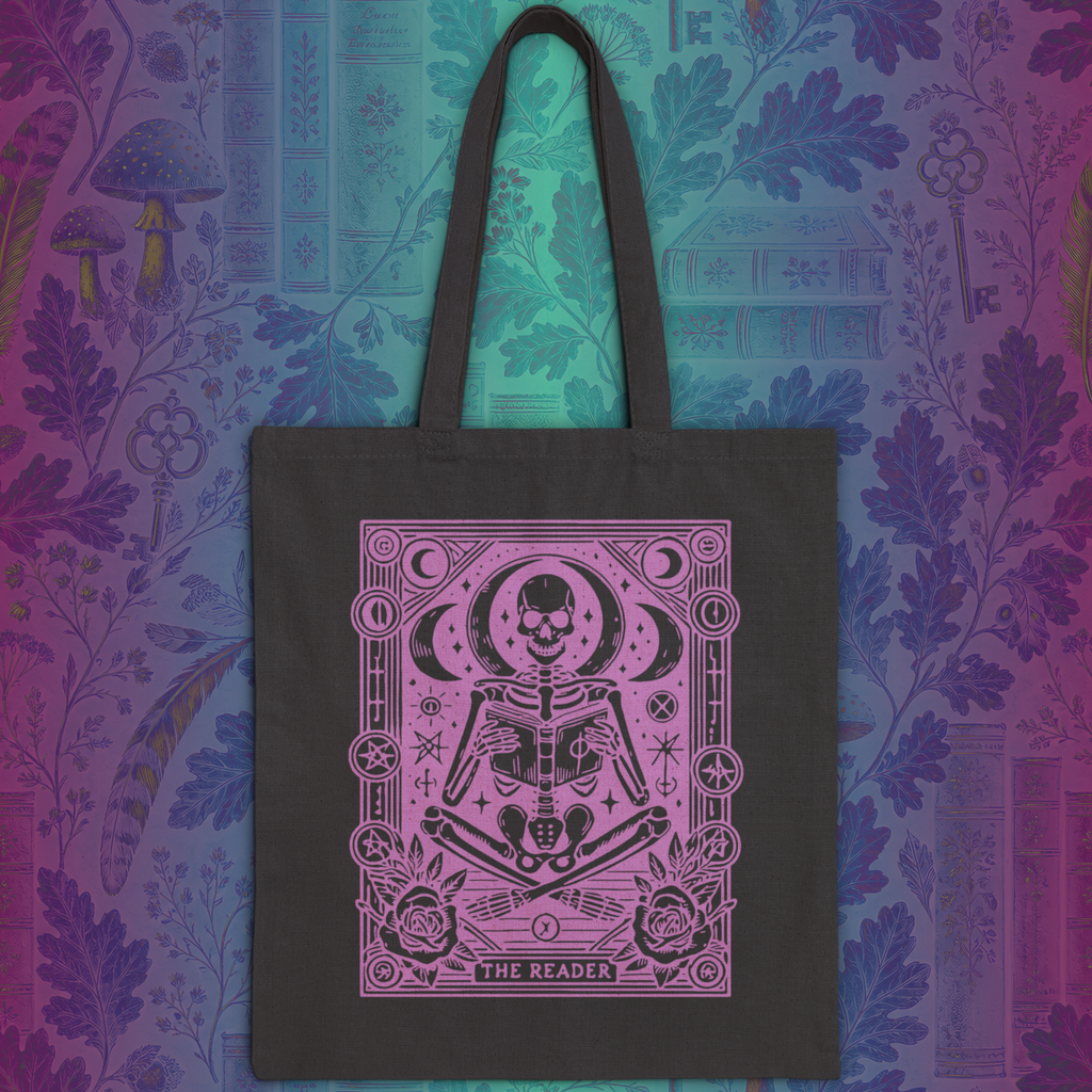 The Reader Skeleton Tarot Design in Purple Cotton Canvas Tote