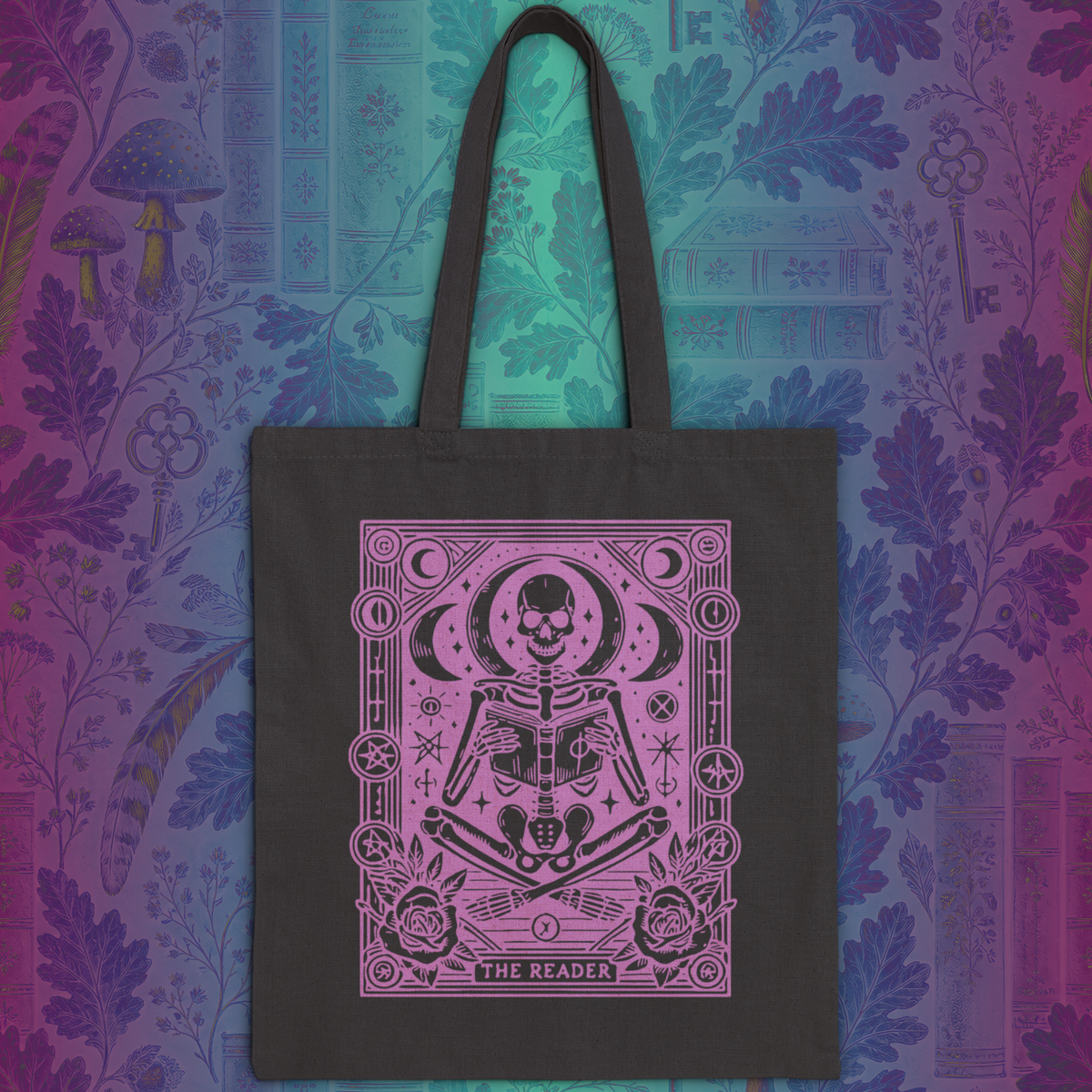 The Reader Skeleton Tarot Design in Purple Cotton Canvas Tote