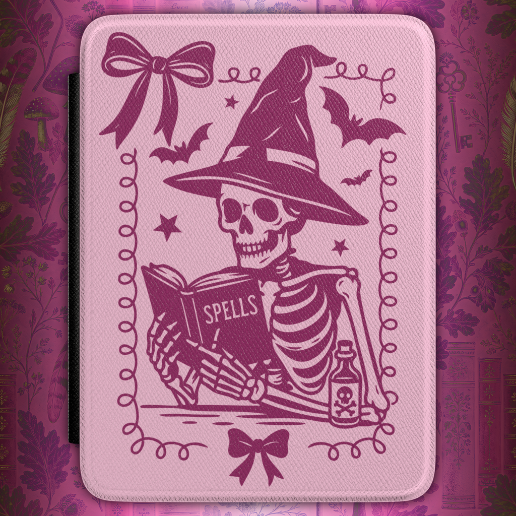Pink Reading Witch Skeleton Kindle Case - Cute and Spooky Cover for Gothic Book Lovers