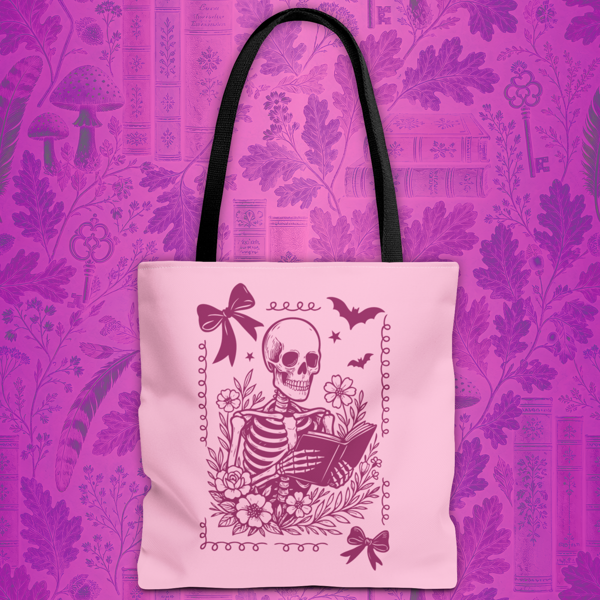 Floral Pink Reading Skeleton Tote Bag  - Cute Gothic Booklover Tote