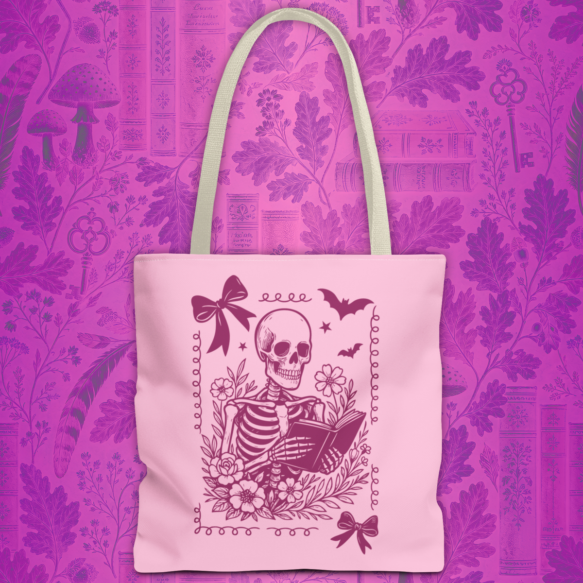 Floral Pink Reading Skeleton Tote Bag  - Cute Gothic Booklover Tote