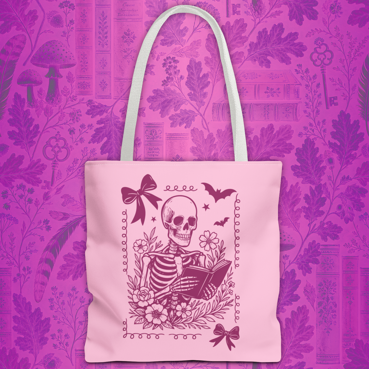 Floral Pink Reading Skeleton Tote Bag  - Cute Gothic Booklover Tote