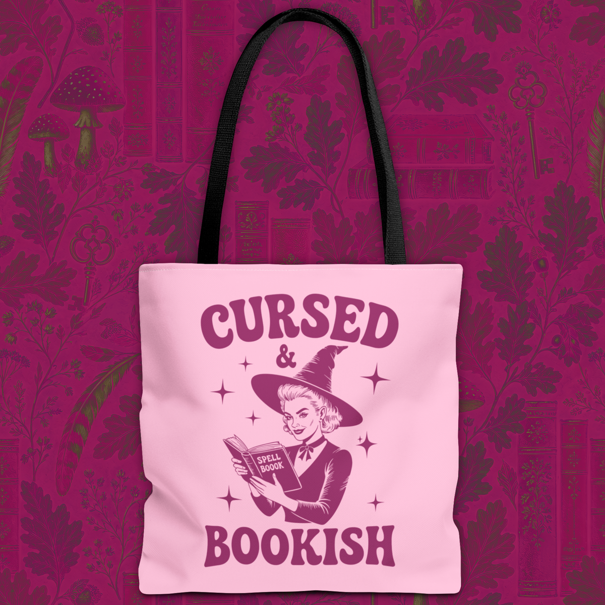 Cursed and Bookish Tote Bag — Witchy Pink Vintage Book Lover Shopper