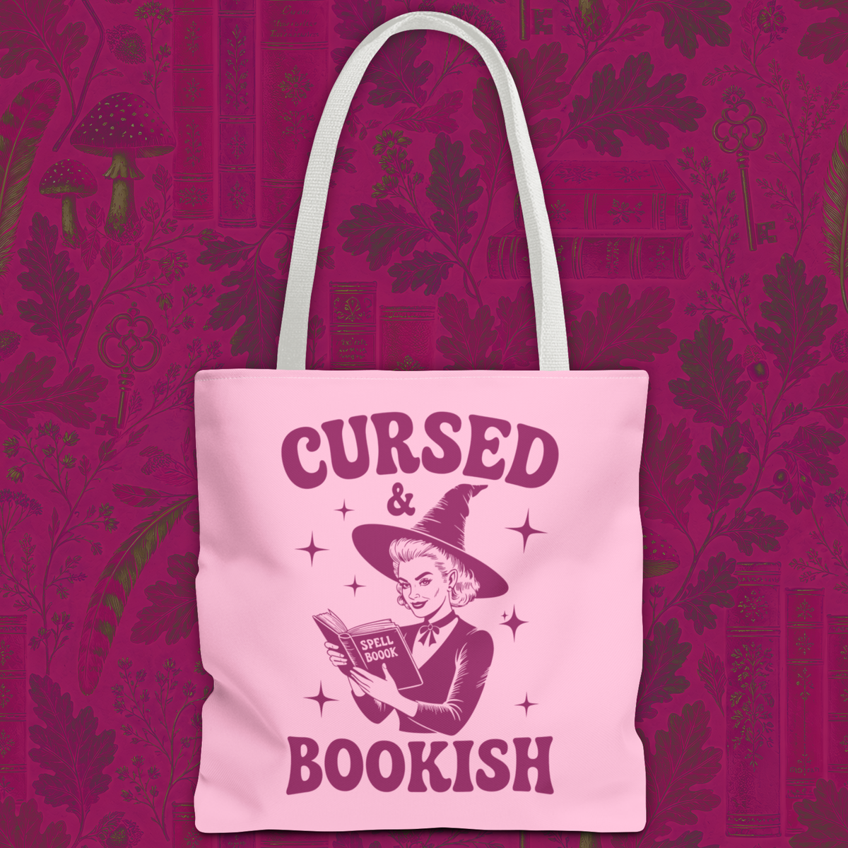 Cursed and Bookish Tote Bag — Witchy Pink Vintage Book Lover Shopper