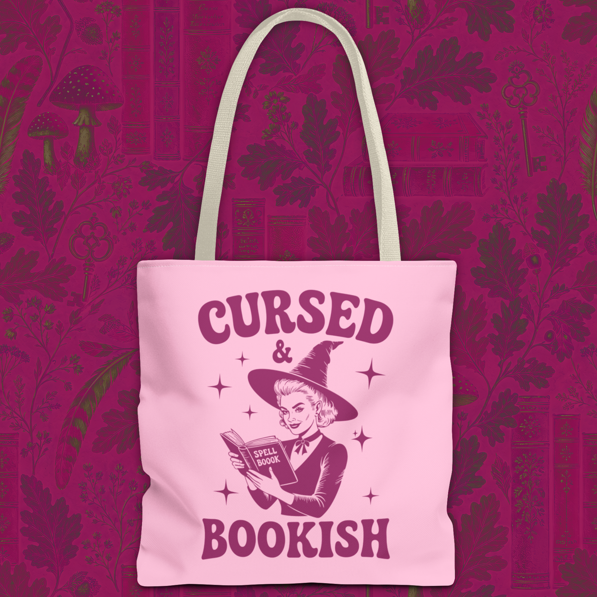 Cursed and Bookish Tote Bag — Witchy Pink Vintage Book Lover Shopper