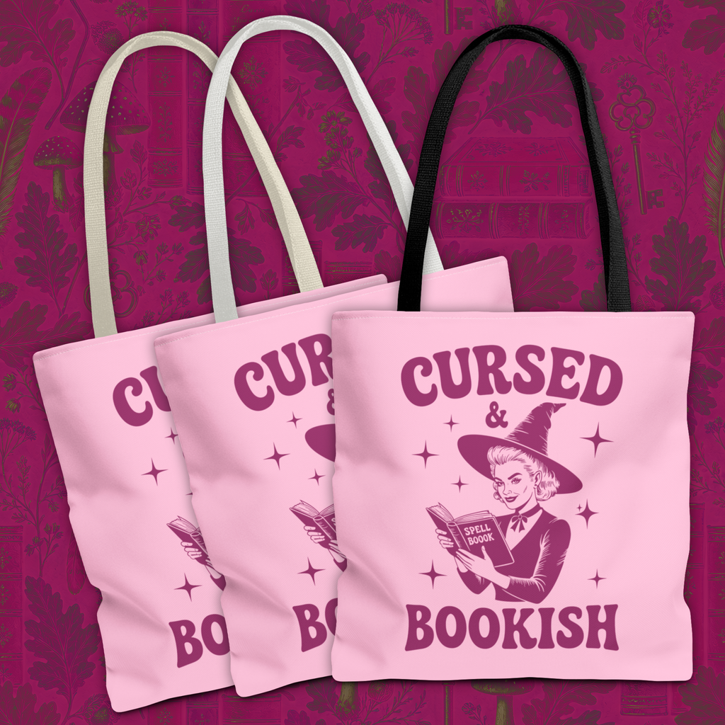 Cursed and Bookish Tote Bag — Witchy Pink Vintage Book Lover Shopper