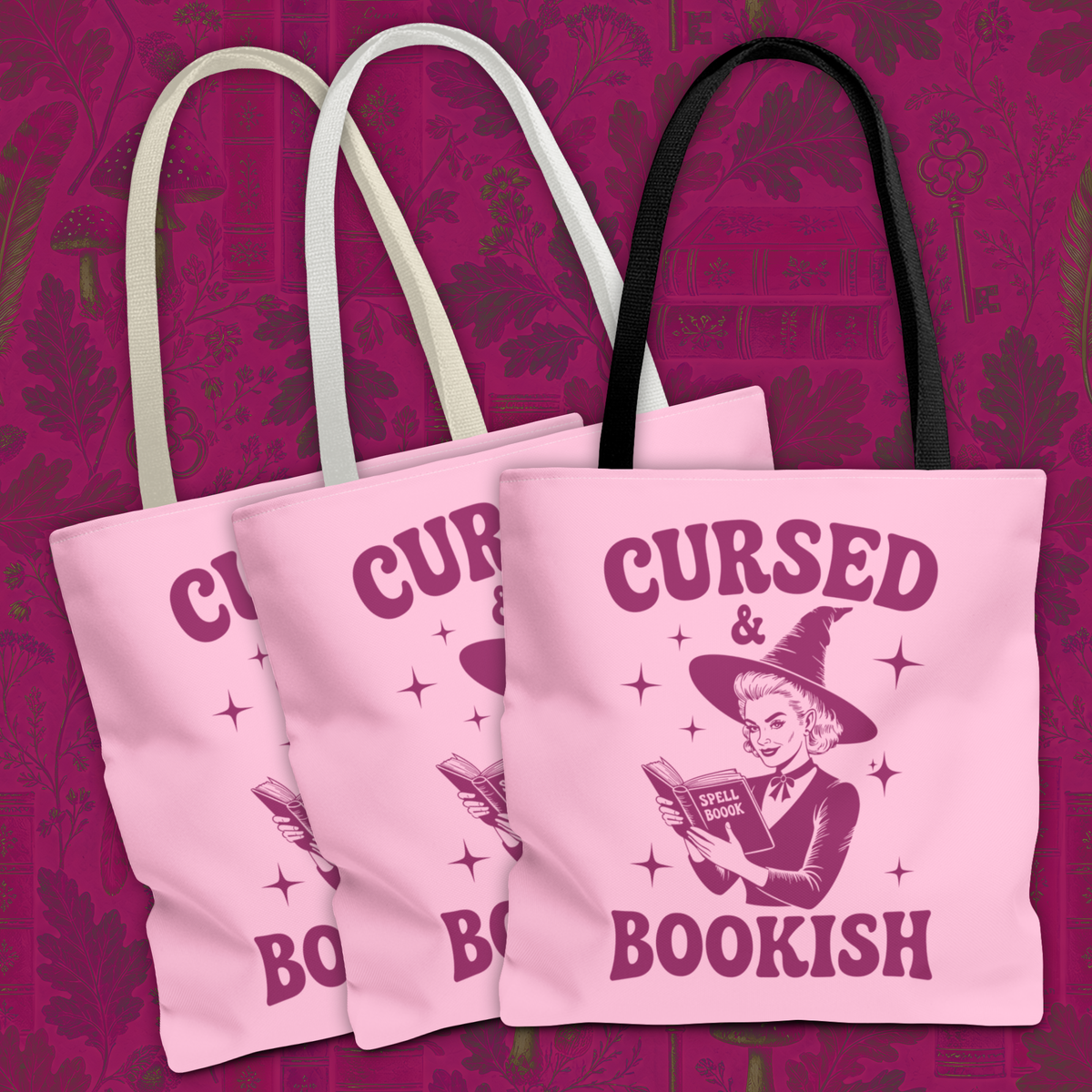 Cursed and Bookish Tote Bag — Witchy Pink Vintage Book Lover Shopper