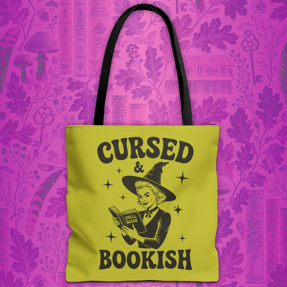 Cursed and Bookish Tote Bag — Green Witchy Reader Tote for Book Lovers