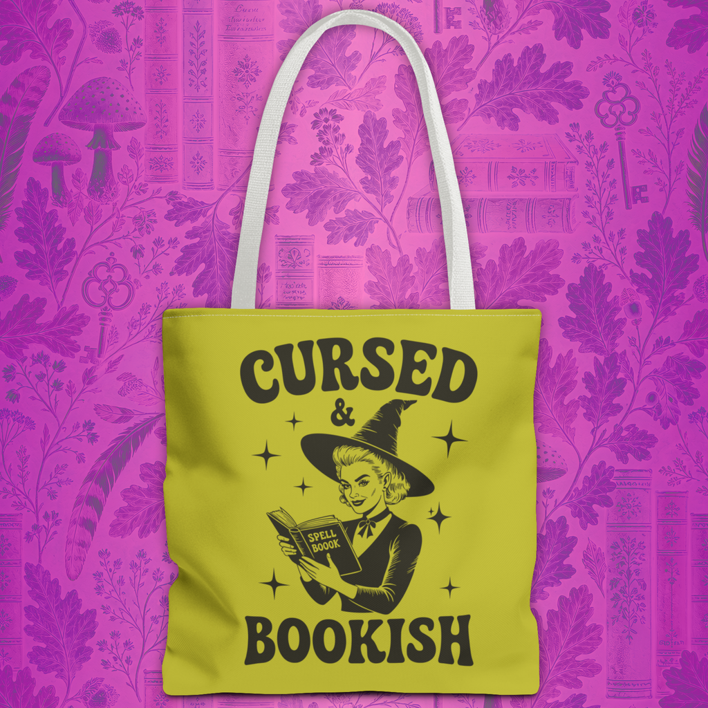 Cursed and Bookish Tote Bag — Green Witchy Reader Tote for Book Lovers